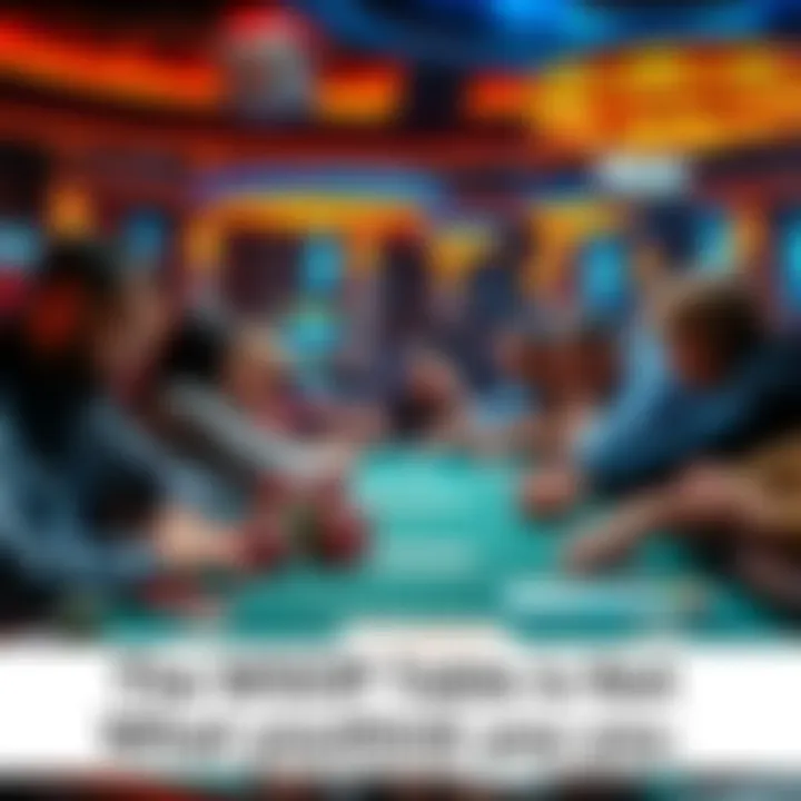 A group of poker players at a World Series of Poker table, focused and strategizing, surrounded by colorful chips and cards.