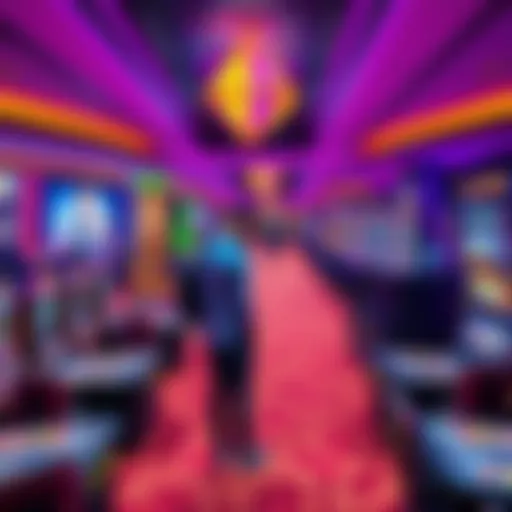 A vibrant casino floor featuring players at various gaming stations with a crypto theme, showcasing slots and live dealer tables.