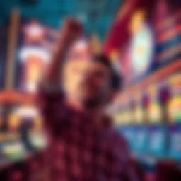 A player celebrating a big win at Wynn Las Vegas casino, with bright lights and slot machines in the background.