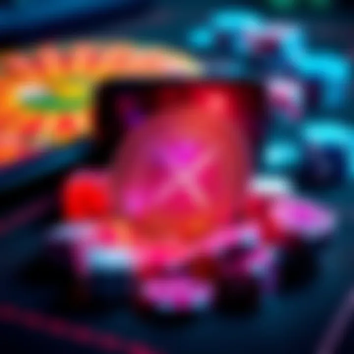 A digital representation of XRP cryptocurrency being used for online gambling, with casino elements like dice and poker chips around it