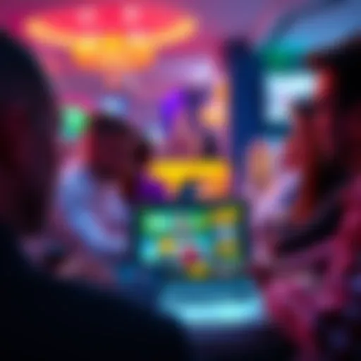 A close-up view of players sharing their experiences about Yabby Casino with a laptop displaying the casino site in the background.