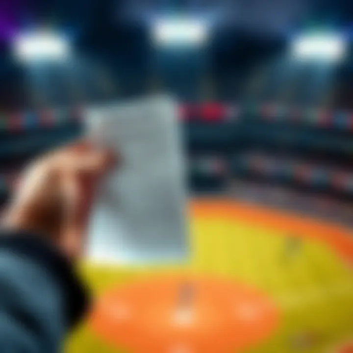 A person holds a betting slip with odds for a Yankee game parlay on a baseball-themed background, showcasing excitement for a potential win.