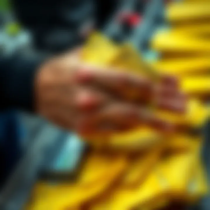 A close-up of yellow checks being processed with visible sweat on the person's hands, highlighting the connection between effort and results.