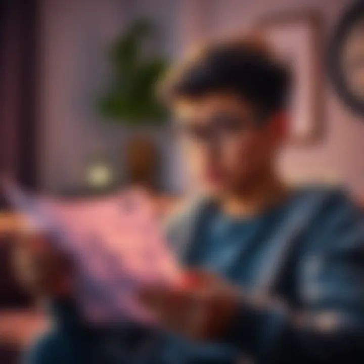 A concerned 22-year-old examining bank statements, reflecting on gambling struggles while supporting their parents financially.