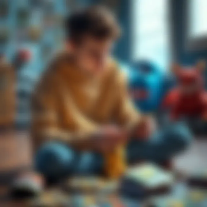 Young adult looking at Pokémon cards An 18-year-old sitting on the floor surrounded by Pokémon cards, looking pensive and worried about his spending choices