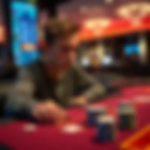 A 19-year-old with a worried expression sitting at a blackjack table, reflecting on a £500 loss.