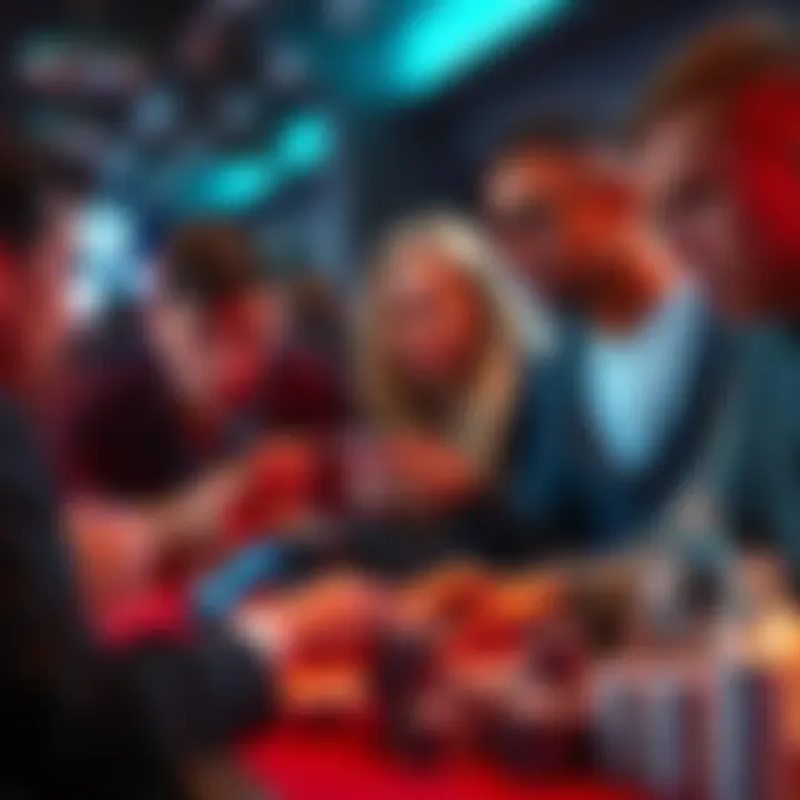 Young adults engaged in gambling activities A group of young adults playing card games and using mobile devices for online betting, showing signs of excitement and concern.