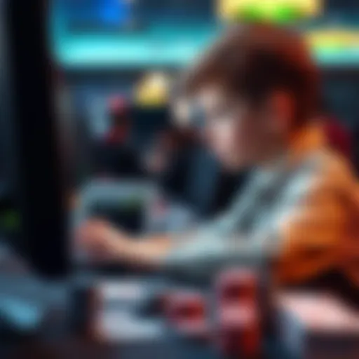 A young boy focused on his computer screen, playing online poker with poker chips and cards on the table.