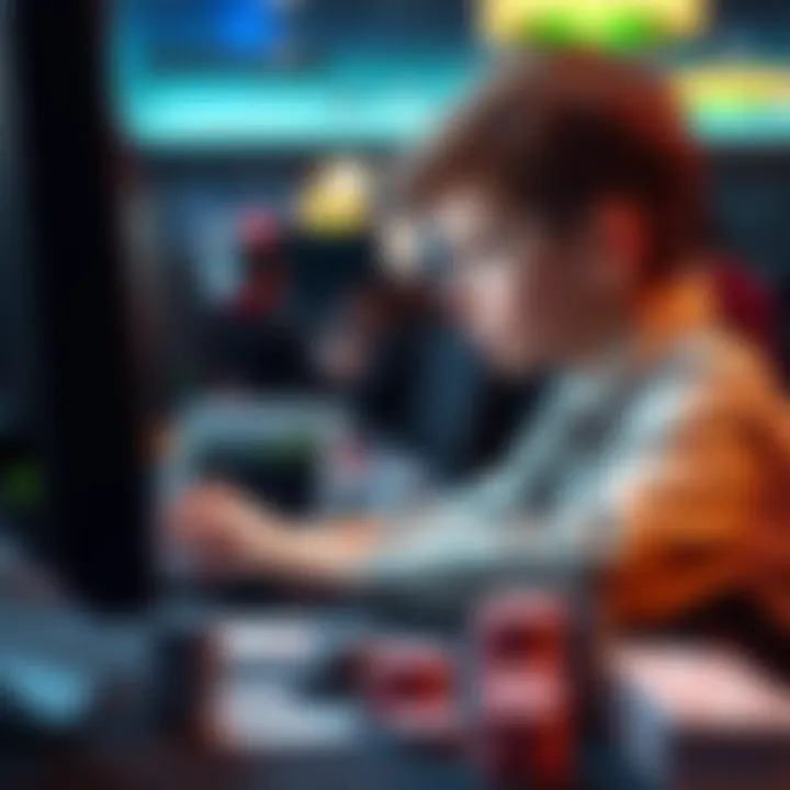 Young boy playing online poker A young boy focused on his computer screen, playing online poker with poker chips and cards on the table.