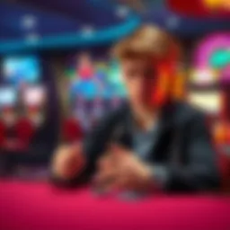 An 18-year-old sitting at a casino table, looking worried while holding gambling chips, with a backdrop of slot machines.