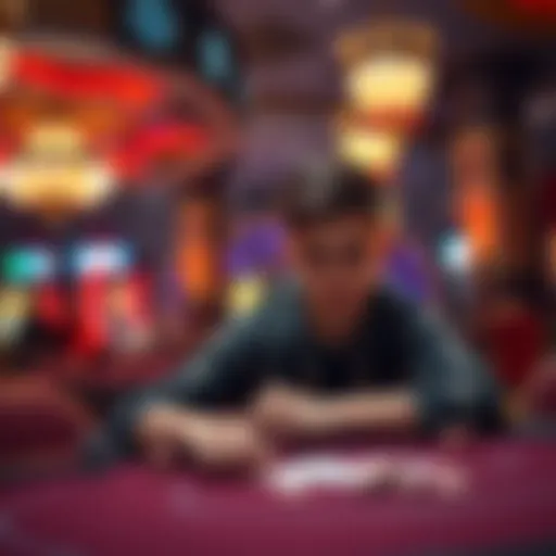 A 19-year-old sitting at a poker table, focused on their cards and chips, with casino lights in the background.