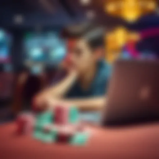 Young Gambler Reflecting on Loss A young person sitting at a table, looking thoughtfully at a stack of chips and a laptop showing gambling websites, symbolizing their recent loss and commitment to change.