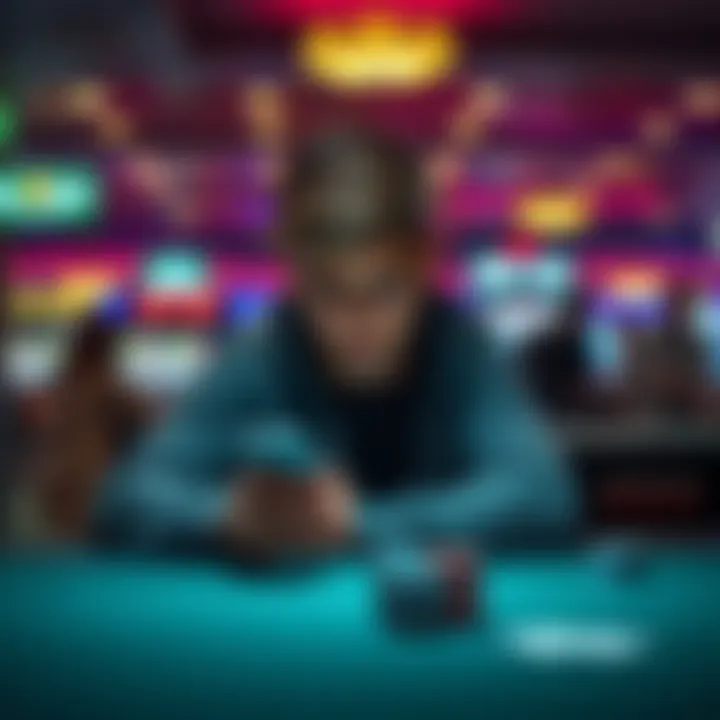 A young person sits alone at a table, looking upset as they check their phone, symbolizing the struggles of gambling addiction.