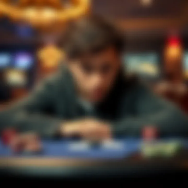 An 18-year-old looking stressed, sitting at a table with cards and chips, pondering their gambling loss, showing a deep desire to seek help.