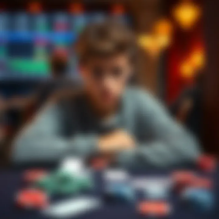 A 21-year-old person sits at a table with a worried expression, surrounded by playing cards and poker chips, looking for support in overcoming gambling issues.