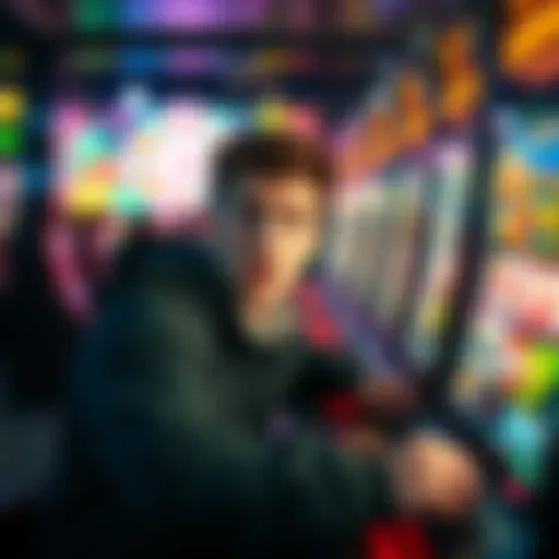 Young gambler at a slot machine A young man looks shocked while playing a slot machine, surrounded by colorful lights and coins, depicting a moment of big win during gambling.