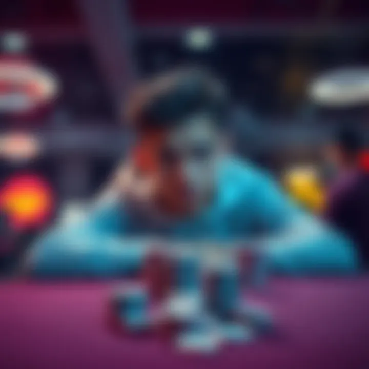 A concerned 20-year-old sits at a gambling table, staring at a stack of lost chips, representing their struggles with gambling and financial loss.