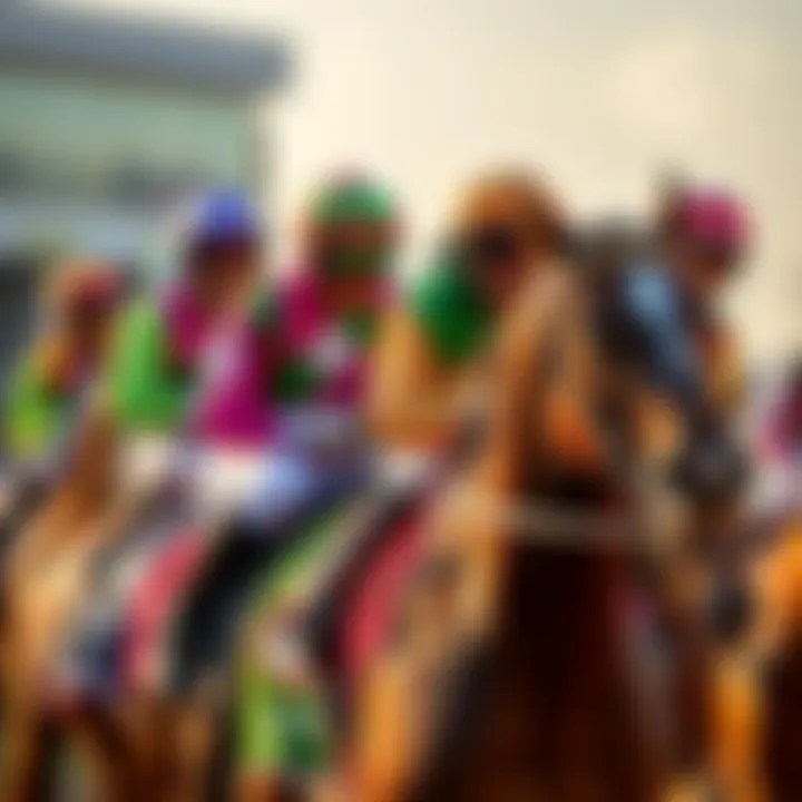 Young jockeys at the Saudi Cup A group of young jockeys in colorful silks riding thoroughbreds at the Saudi Cup event