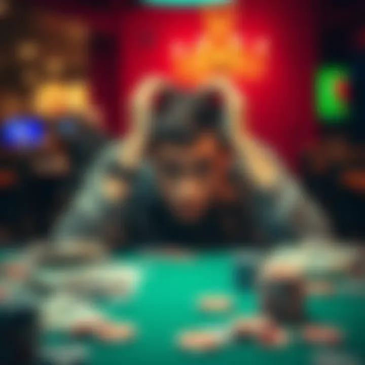 A young man with a worried expression sits at a table, holding his head in his hands, with bills and gambling chips scattered around him, indicating financial stress.