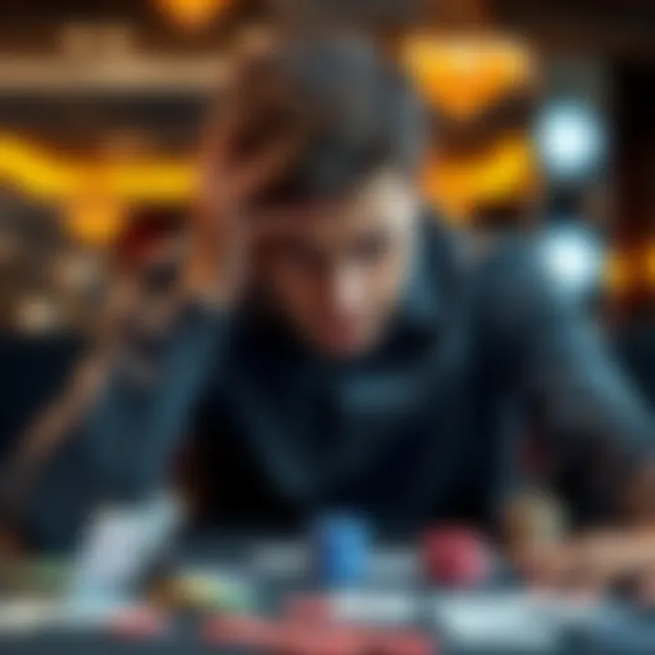A young man sitting at a table with his head in his hands, surrounded by playing cards and casino chips, showing signs of emotional struggle due to gambling addiction.
