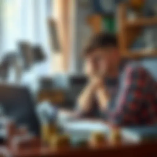 A 19-year-old looks stressed while sitting at a desk cluttered with bills and a laptop, showing signs of struggle with online gambling debt.