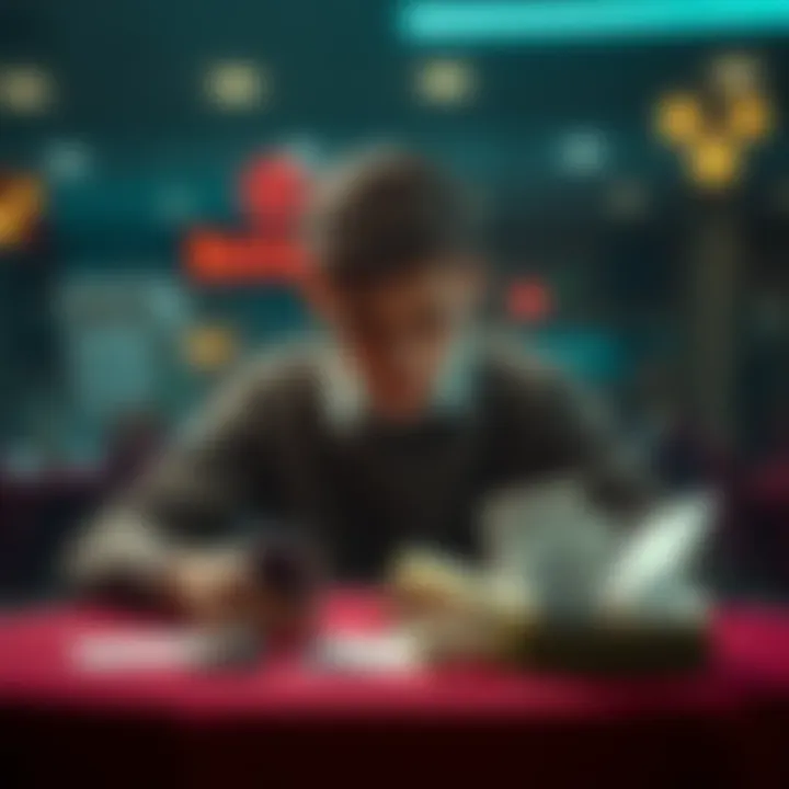 Young man reflecting on gambling addiction A young man sitting alone at a table, looking troubled while staring at betting slips and a phone, symbolizing his struggle with gambling addiction.
