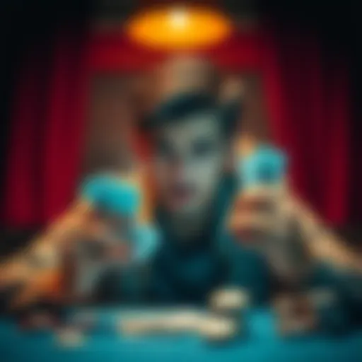 A 23-year-old man looking anxious while holding playing cards and cash in a dimly lit room, symbolizing the struggle with gambling addiction and financial issues.