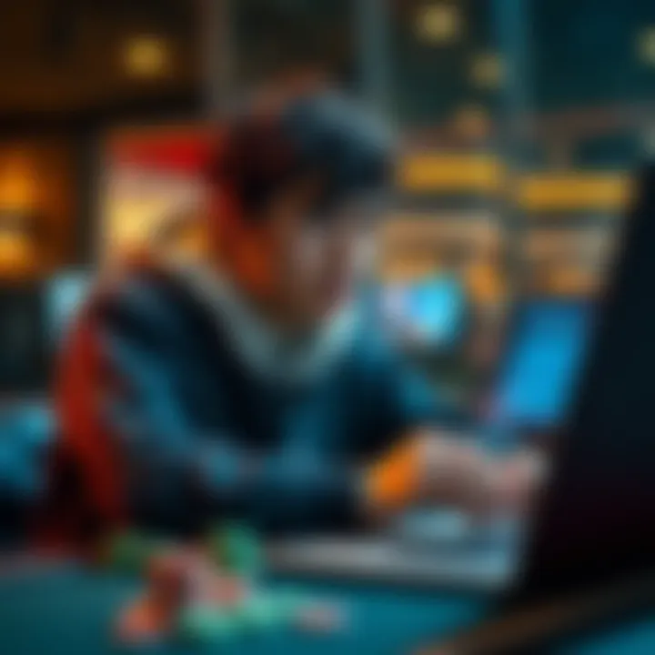 Young man looks worried while reviewing gambling losses A young man with a distressed expression sits at a computer, surrounded by gambling chips and a laptop showing losing bets.
