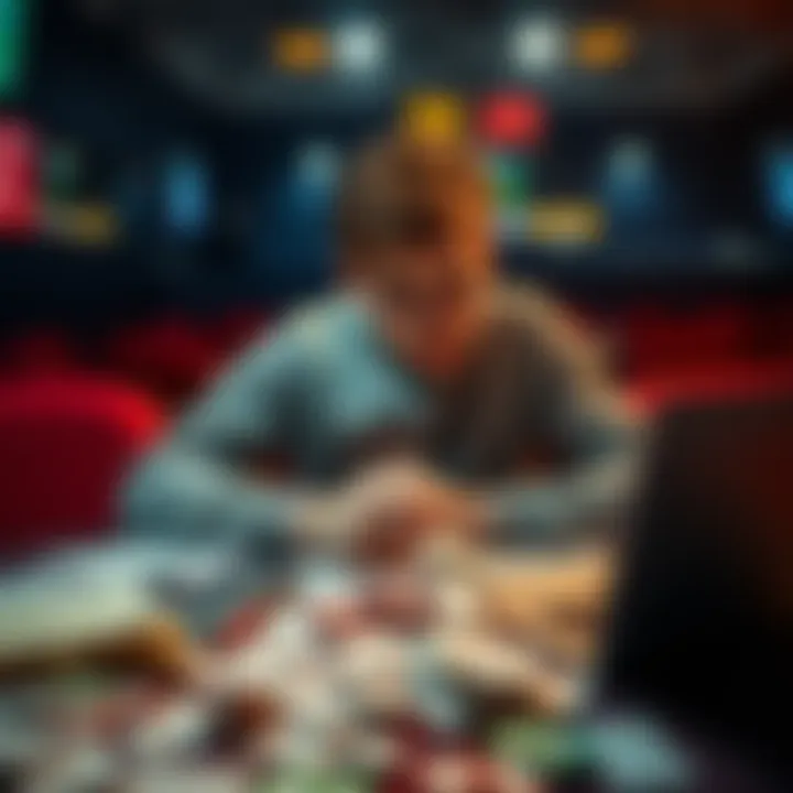 Young man gambling with sports bets A 21-year-old man sits alone at a table covered with betting slips and a laptop, looking stressed and worried, reflecting on his losses from sports betting.