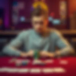 A 24-year-old man sitting alone at a table with a worried expression, surrounded by playing cards and empty chip stacks, symbolizing his struggle with gambling addiction.