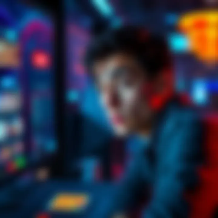 A young man shows a worried expression while staring at a computer screen displaying an online gambling site.