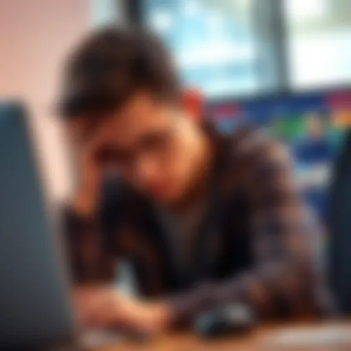 Young man reflecting on his gambling struggles A 22-year-old man sits at a desk with his head in his hands, showing signs of distress over gambling. A computer with gambling websites is visible in the background.