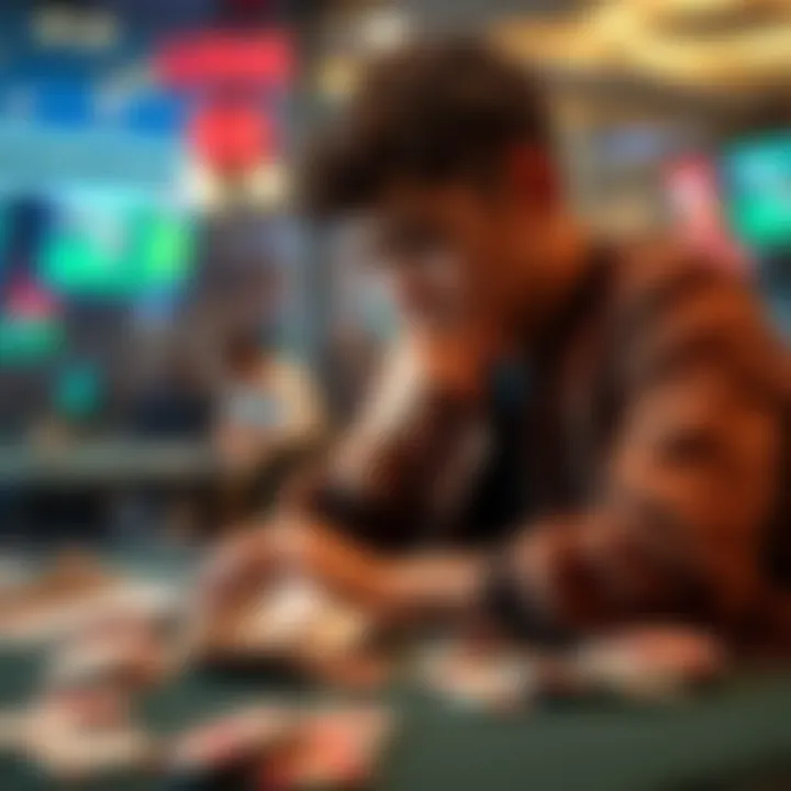 A 28-year-old man looks thoughtful while sitting at a table with lottery tickets and casino chips scattered around him, symbolizing his struggle with gambling addiction.
