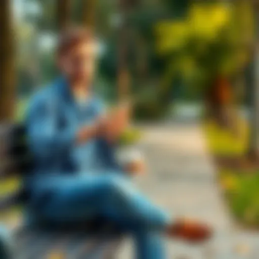 A 24-year-old man sits on a park bench, looking thoughtfully at his phone while holding a coffee cup. He appears stressed, dressed casually, with a worried expression. Behind him, trees and a pathway ...