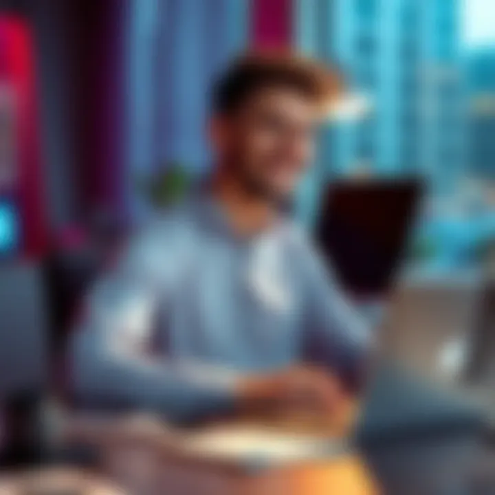A 23-year-old man sitting at a desk with a laptop, smiling and focused while balancing work and life responsibilities.