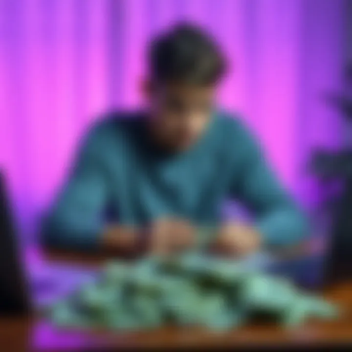 Young man looks worried over bills A 21-year-old man sits at a table surrounded by bills and a laptop, looking distressed as he reflects on his gambling problems.