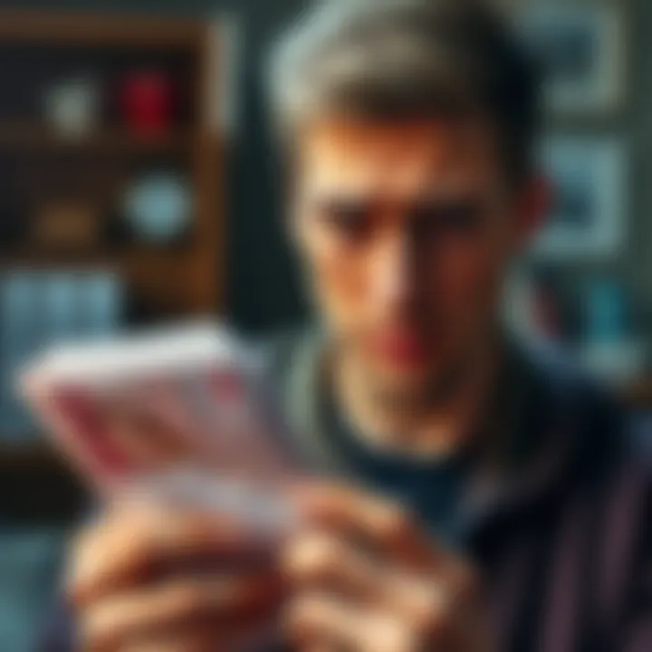 A young UK man looking stressed while holding a stack of bills and a gambling receipt