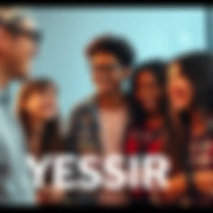 Young people using slang A group of diverse young people casually talking and laughing, showcasing modern communication styles with a focus on the phrase 'YESSIR'.