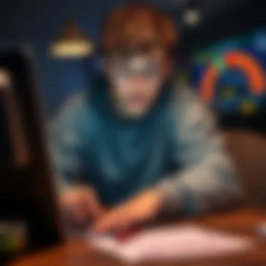 Young person analyzing sports betting odds A 22-year-old looking at sports betting statistics on a laptop, with notes and a betting slip nearby, showcasing their betting strategy.