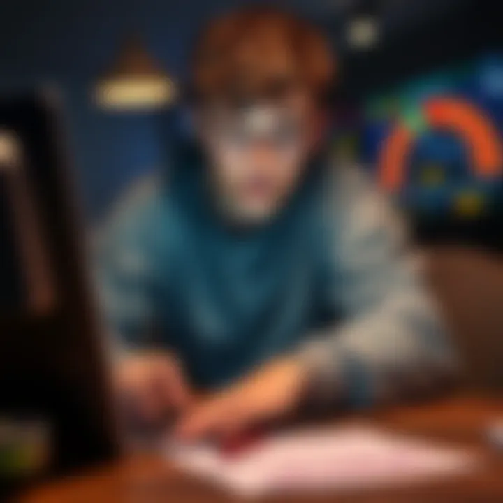 Young person analyzing sports betting odds A 22-year-old looking at sports betting statistics on a laptop, with notes and a betting slip nearby, showcasing their betting strategy.