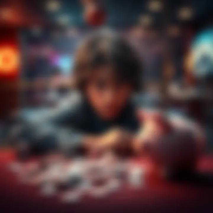 A young person sits at a table with a stack of empty chips and a broken piggy bank, looking distressed over financial loss and shattered dreams