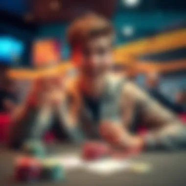 A 19-year-old poker player excitedly shows his winnings with poker chips and playing cards at a table.