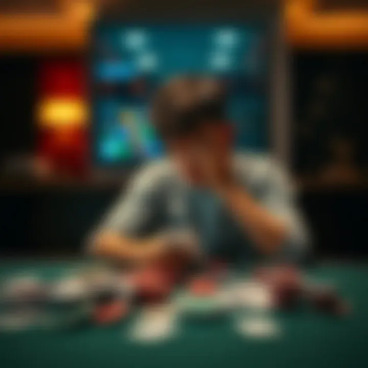 A 24-year-old sitting alone at a table with scattered cards and gaming chips, showing distress over gambling losses.