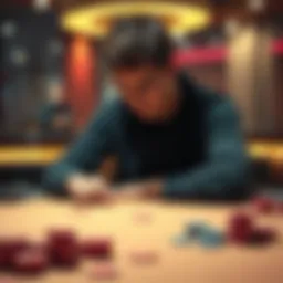 A young man sitting alone at a table, staring blankly at his empty wallet, with gambling chips scattered around him, showing signs of regret and sadness.