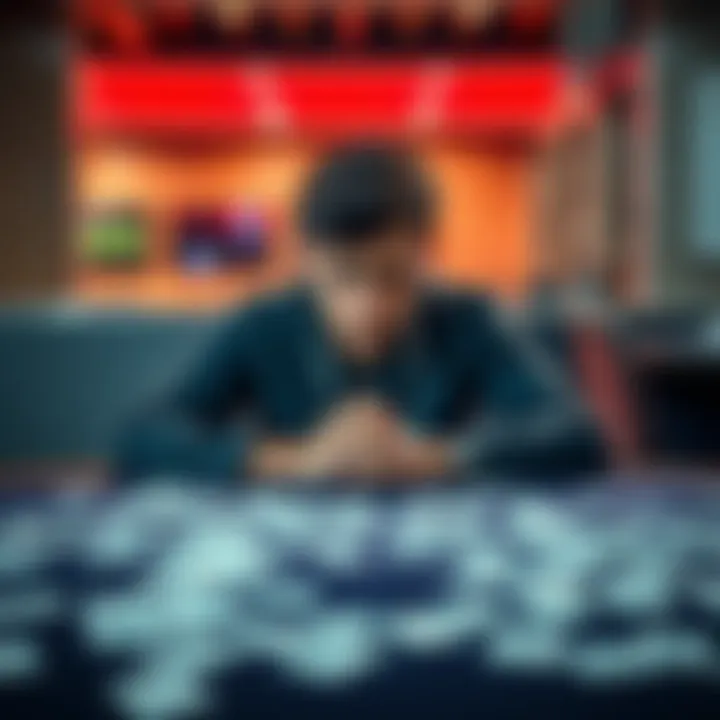 Young adult reflecting on gambling losses A 28-year-old person sitting alone at a table covered in playing cards, looking thoughtful and distressed, symbolizes the struggle with gambling addiction and negative net worth.