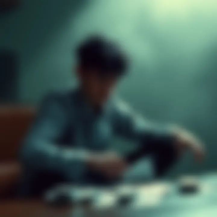 A young man sits alone, looking thoughtful and weary, with a deck of cards scattered beside him, symbolizing his battle with gambling addiction.