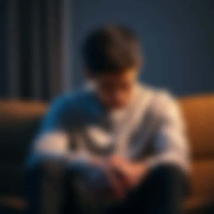 A 30-year-old person sitting on a couch, looking down with a somber expression, reflecting on their financial struggles after gambling loss.