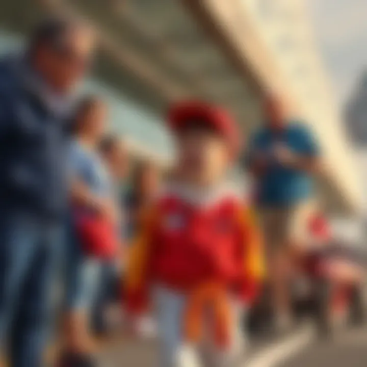 A young boy in a racing outfit stands excitedly at the starting line, surrounded by family and friends cheering him on.