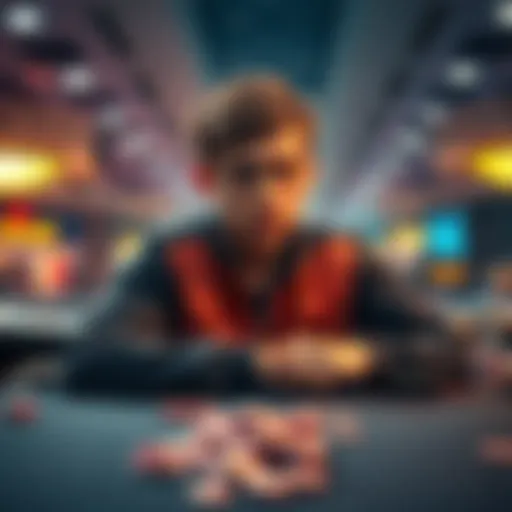 A young gambler sitting at a casino table looking disappointed after losing money, with chips scattered around.