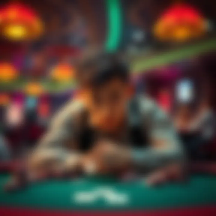 A young man, looking disappointed, sits at a casino table surrounded by chips and cards, reflecting on his gambling losses.